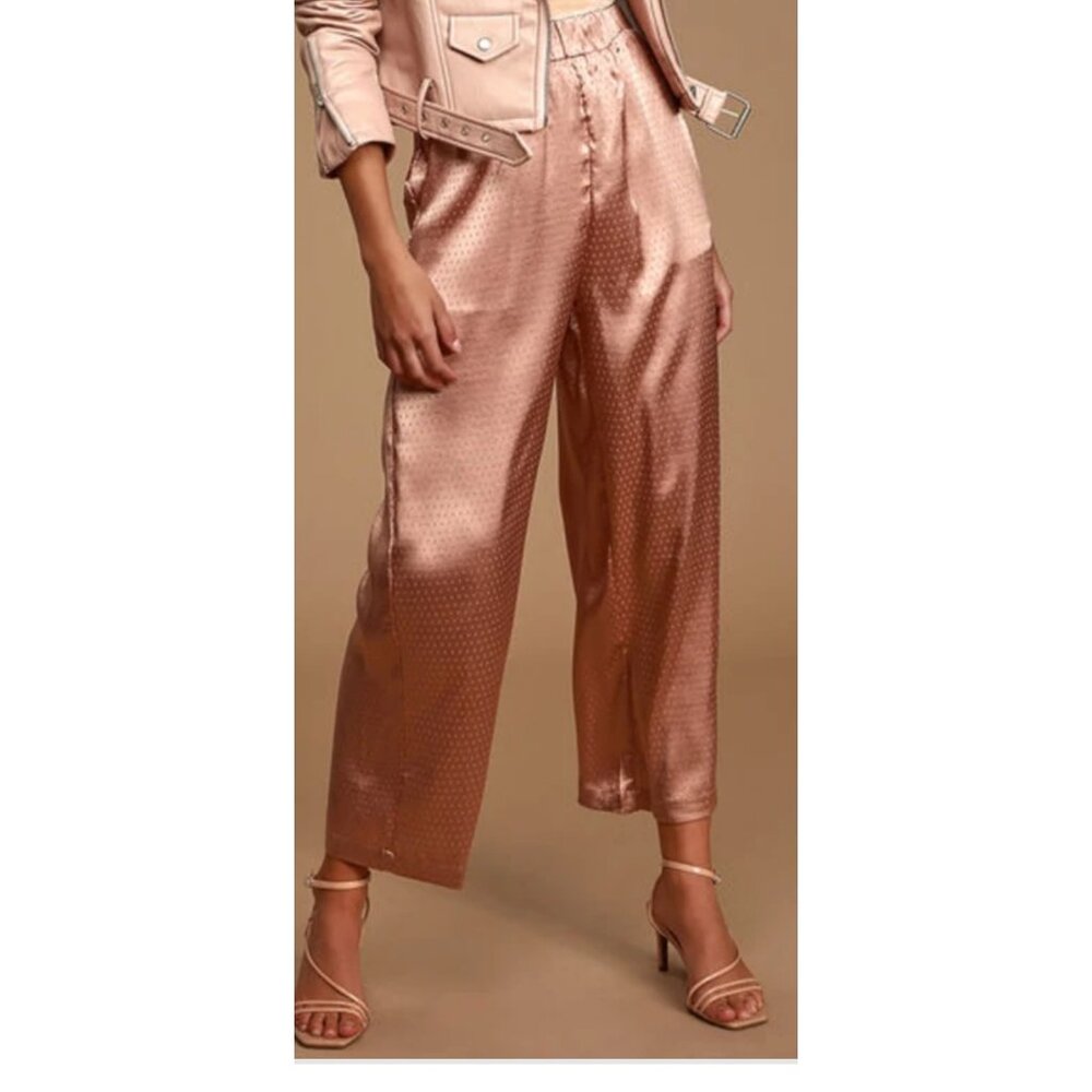 NWT LULU’S SEEK YOU OUT MAUVE PINK POLKA DOT SATIN WIDE LEG CROP PANTS COQUETTE